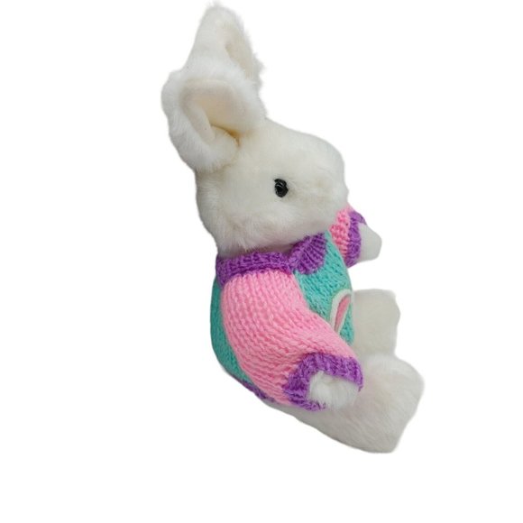 Main Joy White Bunny Rabbit Plush Stuffed Animal In Pastel Sweater 9” Easter - Picture 5 of 8